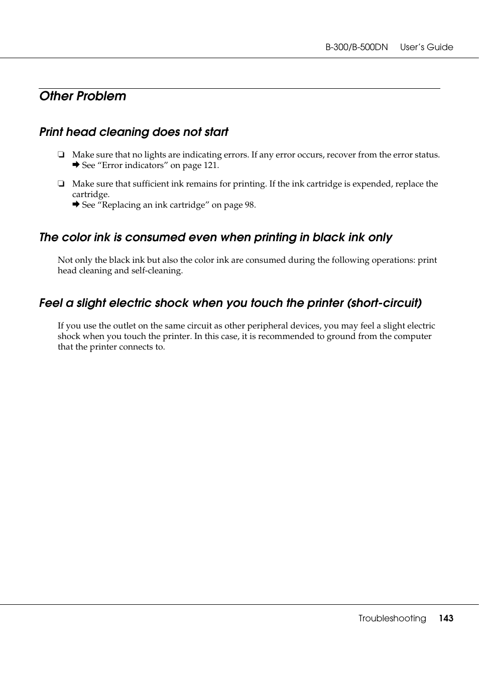 Other problem, Print head cleaning does not start | Epson B 500DN User Manual | Page 143 / 168