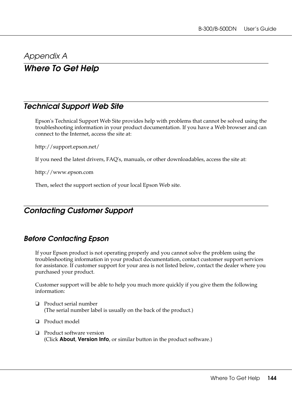 Where to get help, Technical support web site, Contacting customer support | Before contacting epson, Appendix a | Epson B 500DN User Manual | Page 144 / 168