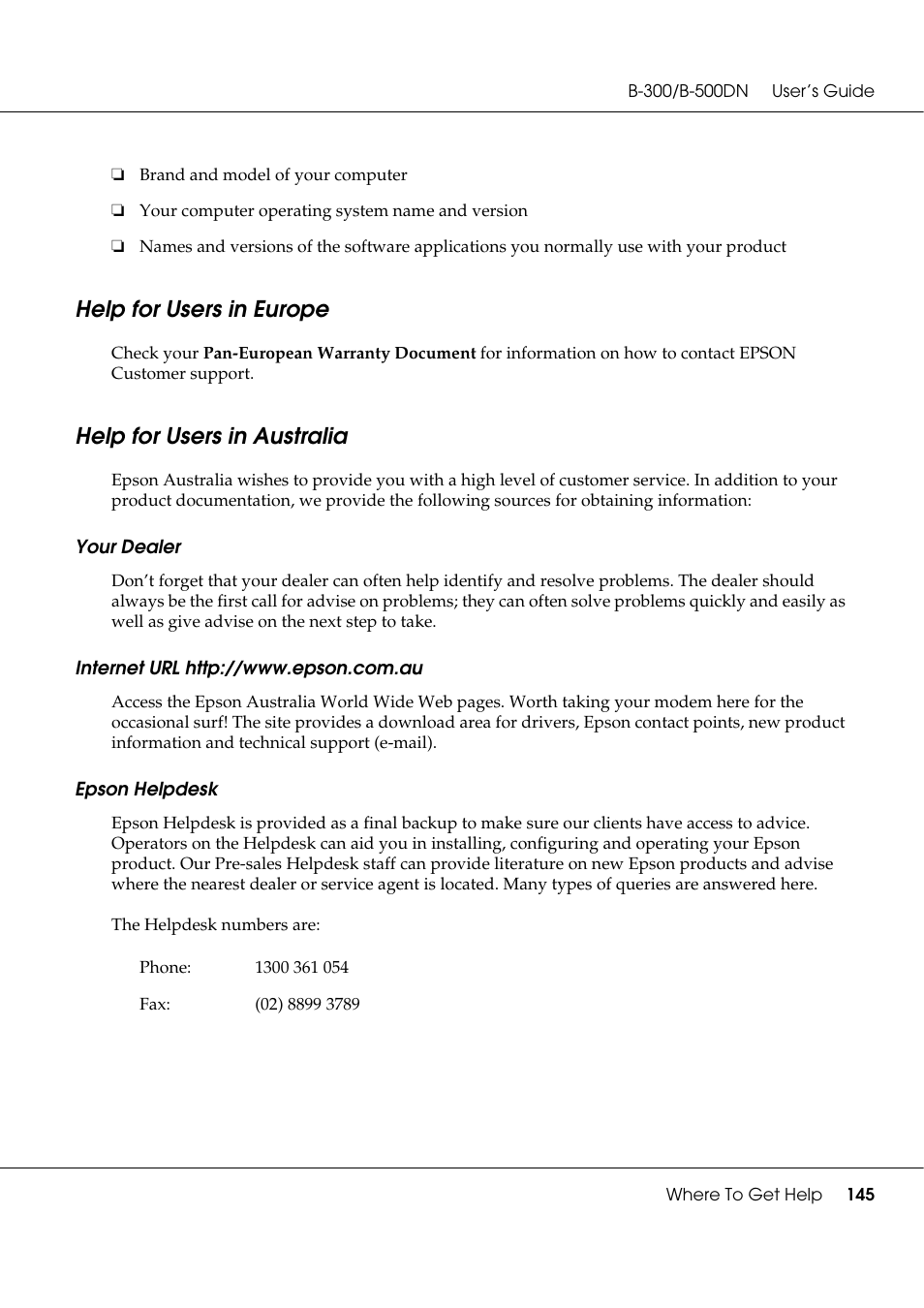 Help for users in europe, Help for users in australia | Epson B 500DN User Manual | Page 145 / 168