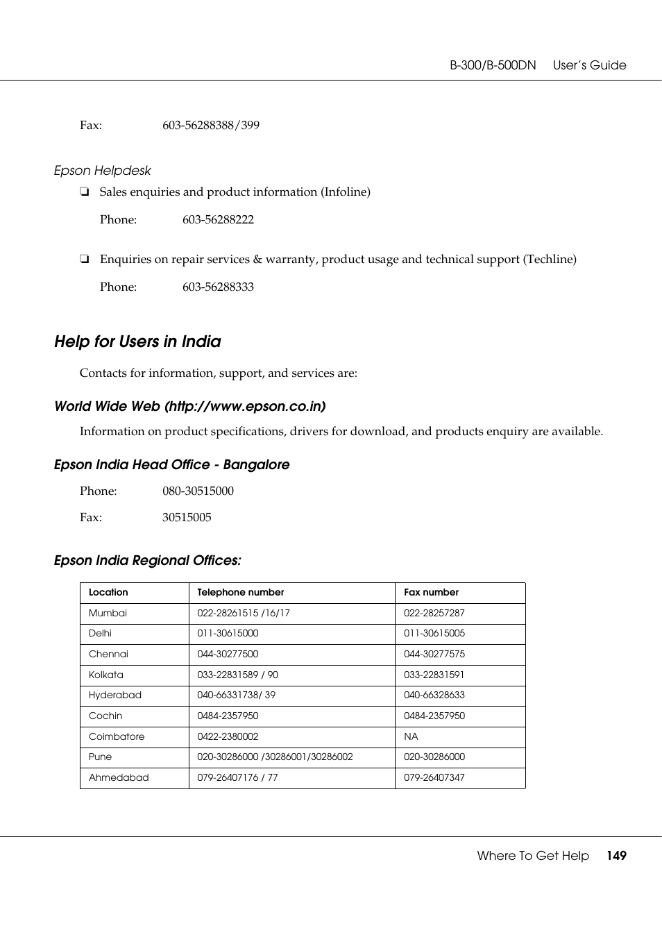 Help for users in india | Epson B 500DN User Manual | Page 149 / 168