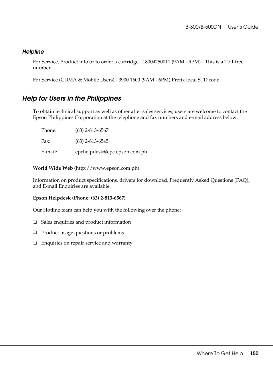 Help for users in the philippines | Epson B 500DN User Manual | Page 150 / 168