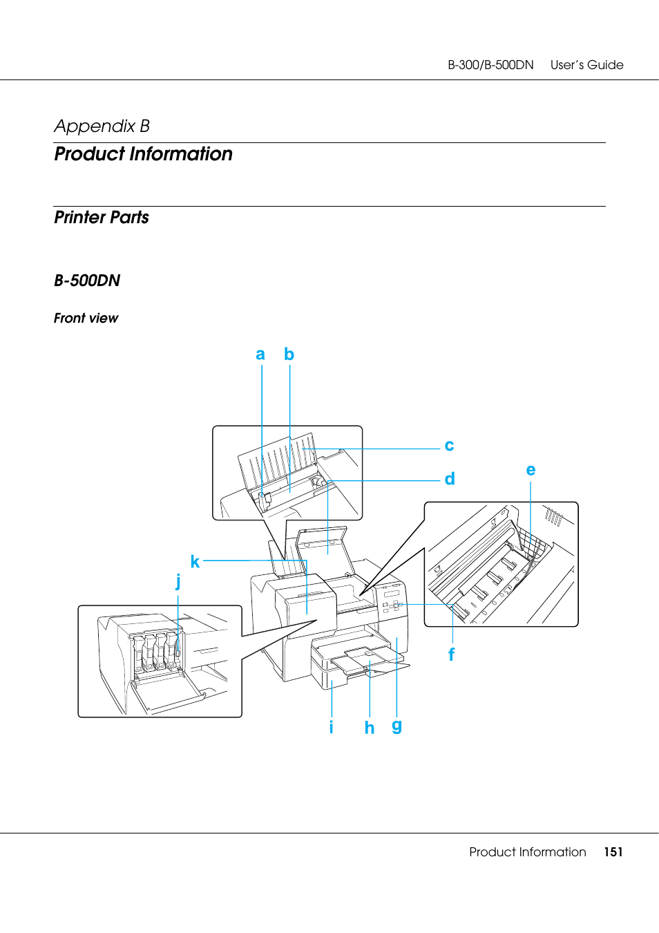 Product information, Printer parts, B-500dn | Appendix b | Epson B 500DN User Manual | Page 151 / 168