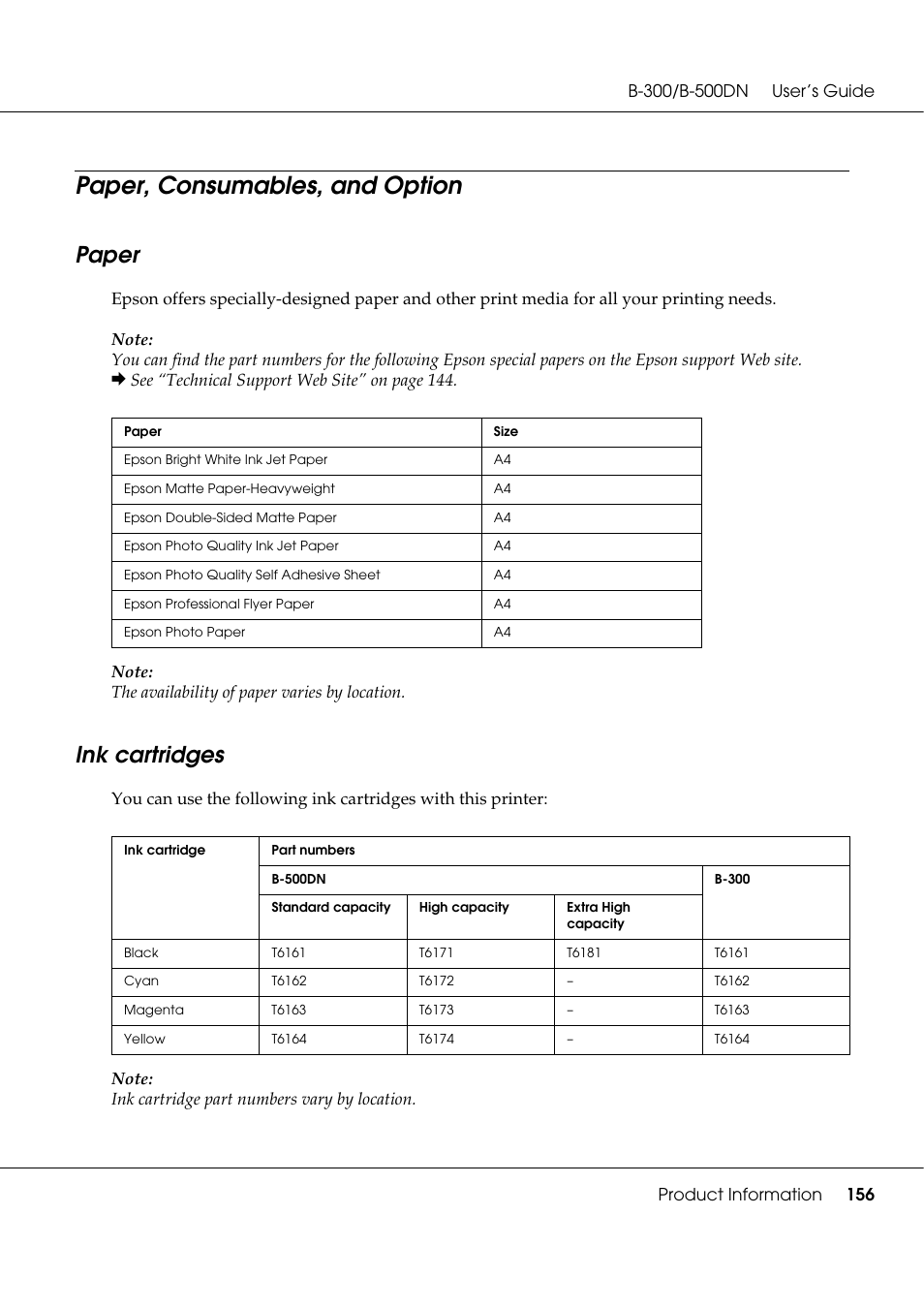 Paper, consumables, and option, Paper, Ink cartridges | Paper ink cartridges | Epson B 500DN User Manual | Page 156 / 168