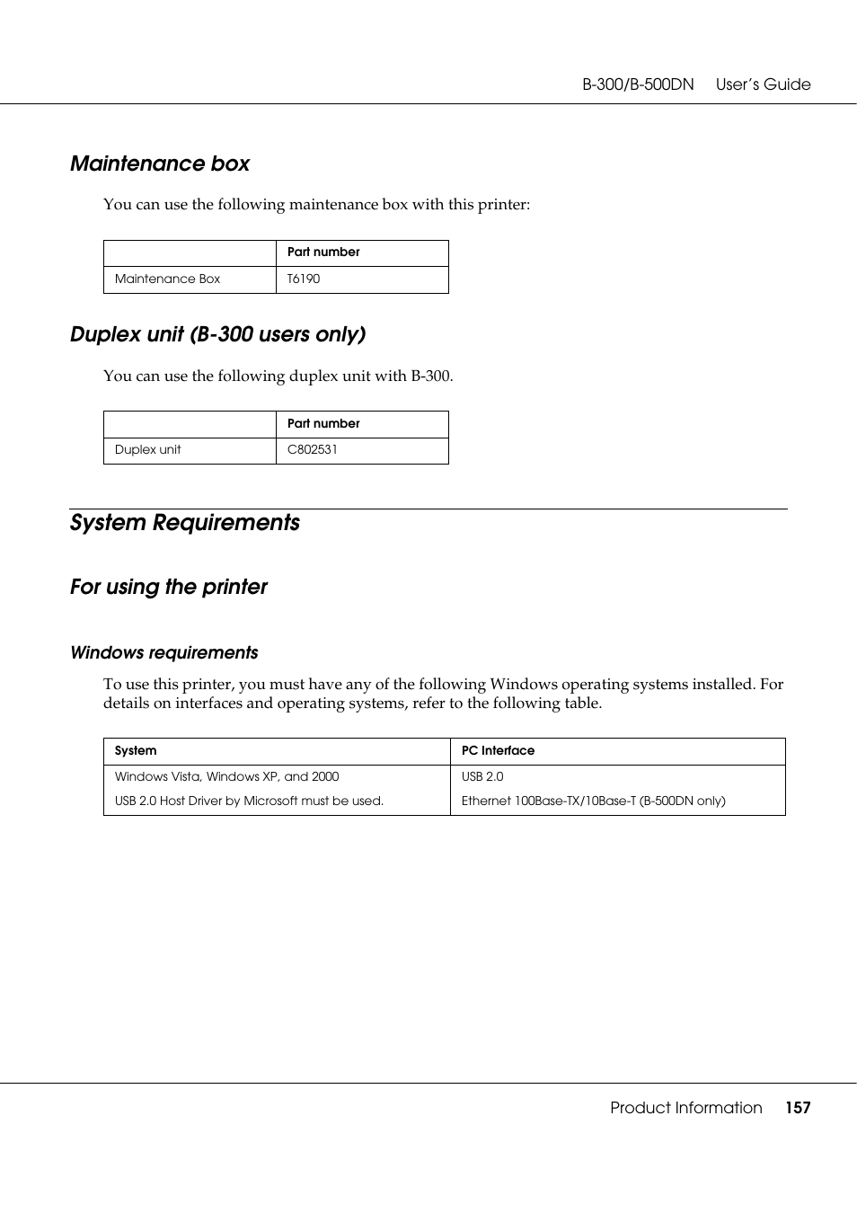 Maintenance box, Duplex unit (b-300 users only), System requirements | For using the printer, Maintenance box duplex unit (b-300 users only) | Epson B 500DN User Manual | Page 157 / 168