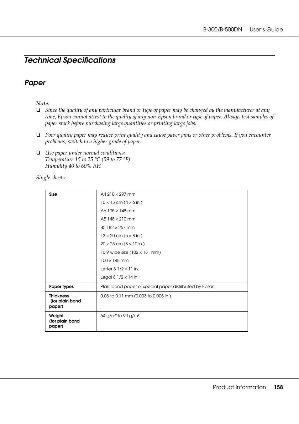 Technical specifications, Paper | Epson B 500DN User Manual | Page 158 / 168