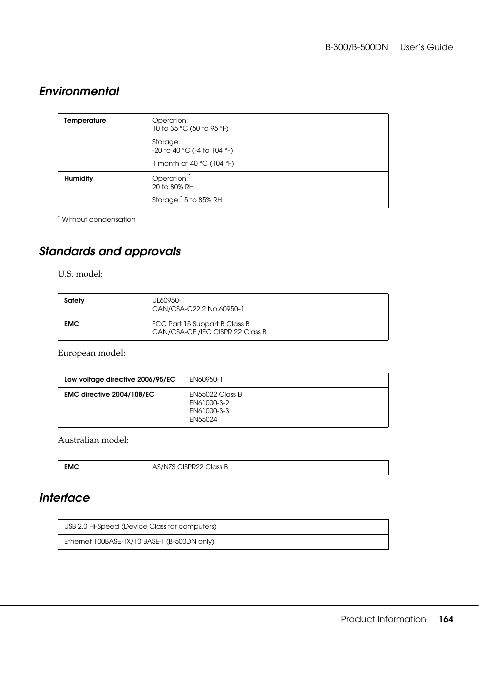 Environmental, Standards and approvals, Interface | Environmental standards and approvals interface, U.s. model: european model: australian model | Epson B 500DN User Manual | Page 164 / 168