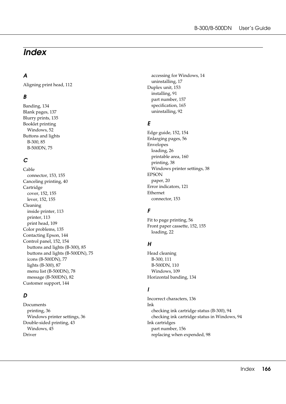 Index | Epson B 500DN User Manual | Page 166 / 168