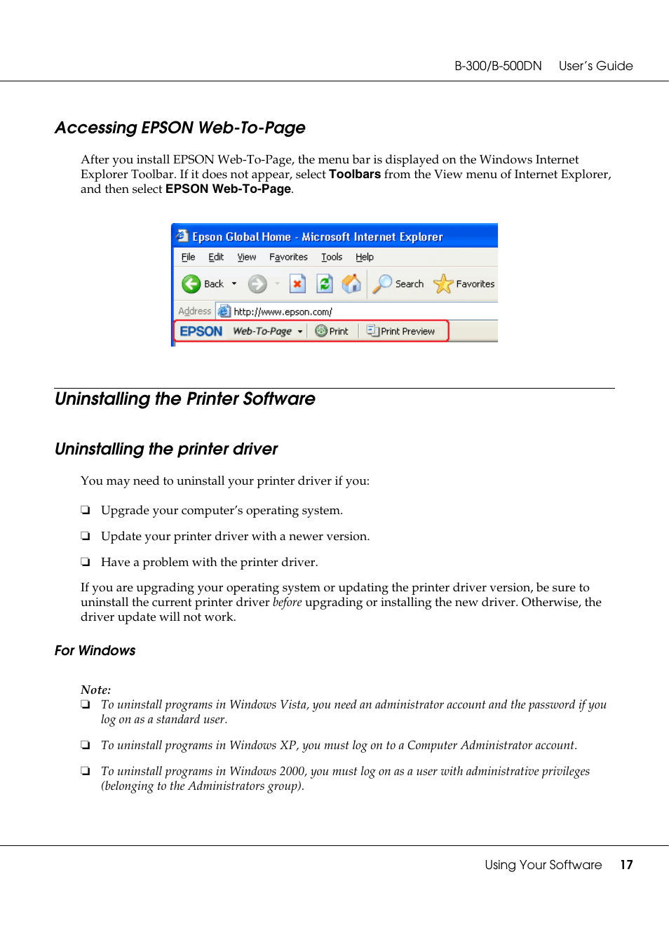 Uninstalling the printer software, Uninstalling the printer driver, Accessing epson web-to-page | Epson B 500DN User Manual | Page 17 / 168