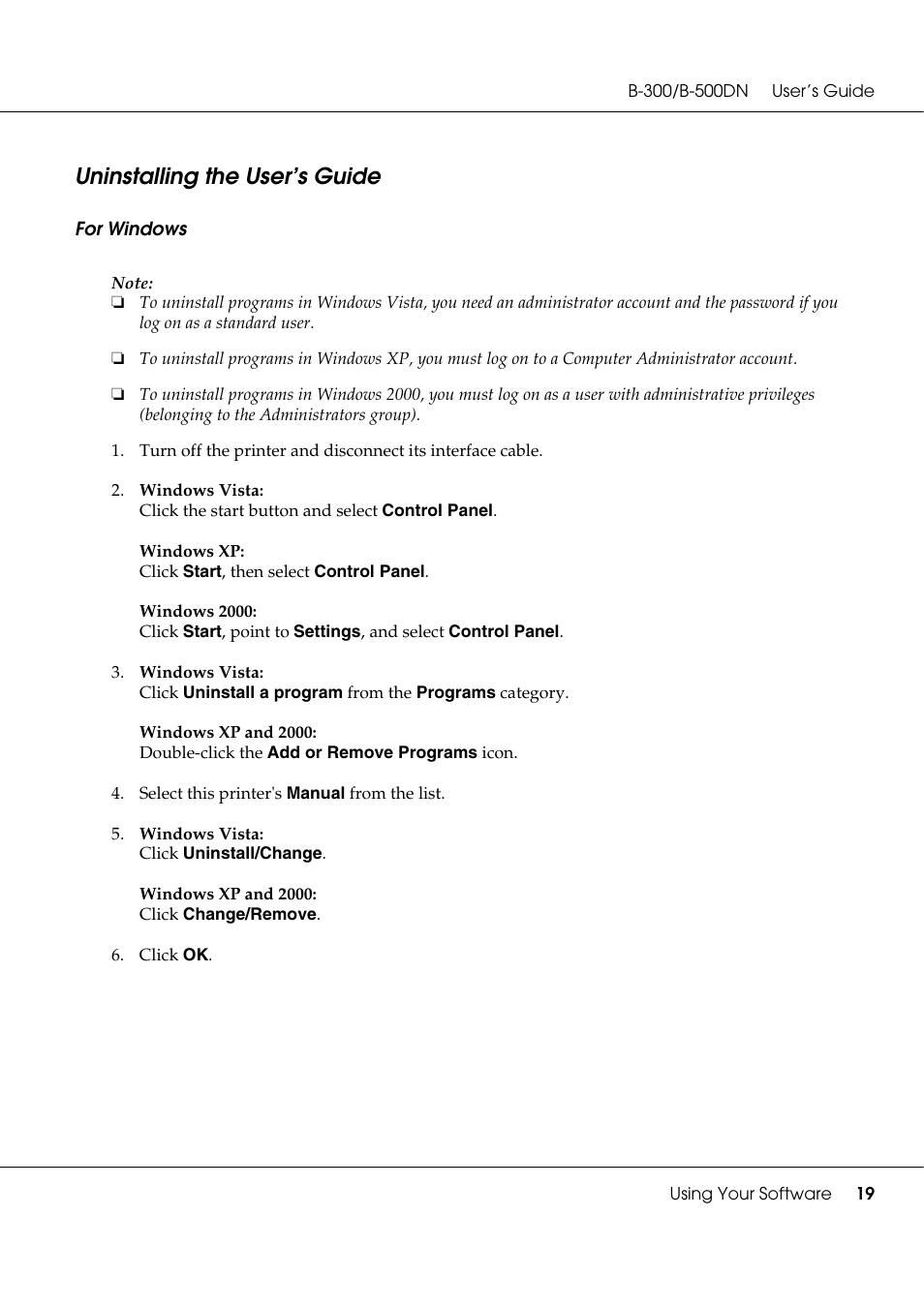 Uninstalling the user’s guide | Epson B 500DN User Manual | Page 19 / 168