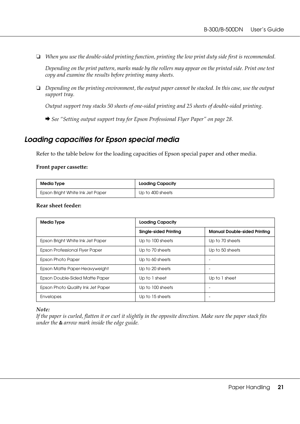Loading capacities for epson special media | Epson B 500DN User Manual | Page 21 / 168