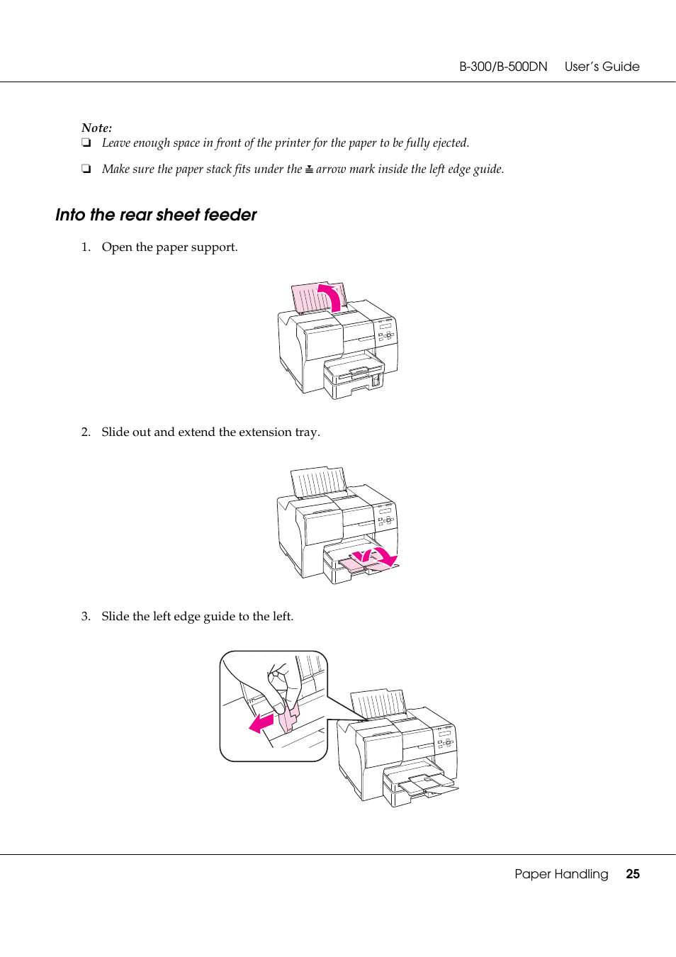 Into the rear sheet feeder | Epson B 500DN User Manual | Page 25 / 168