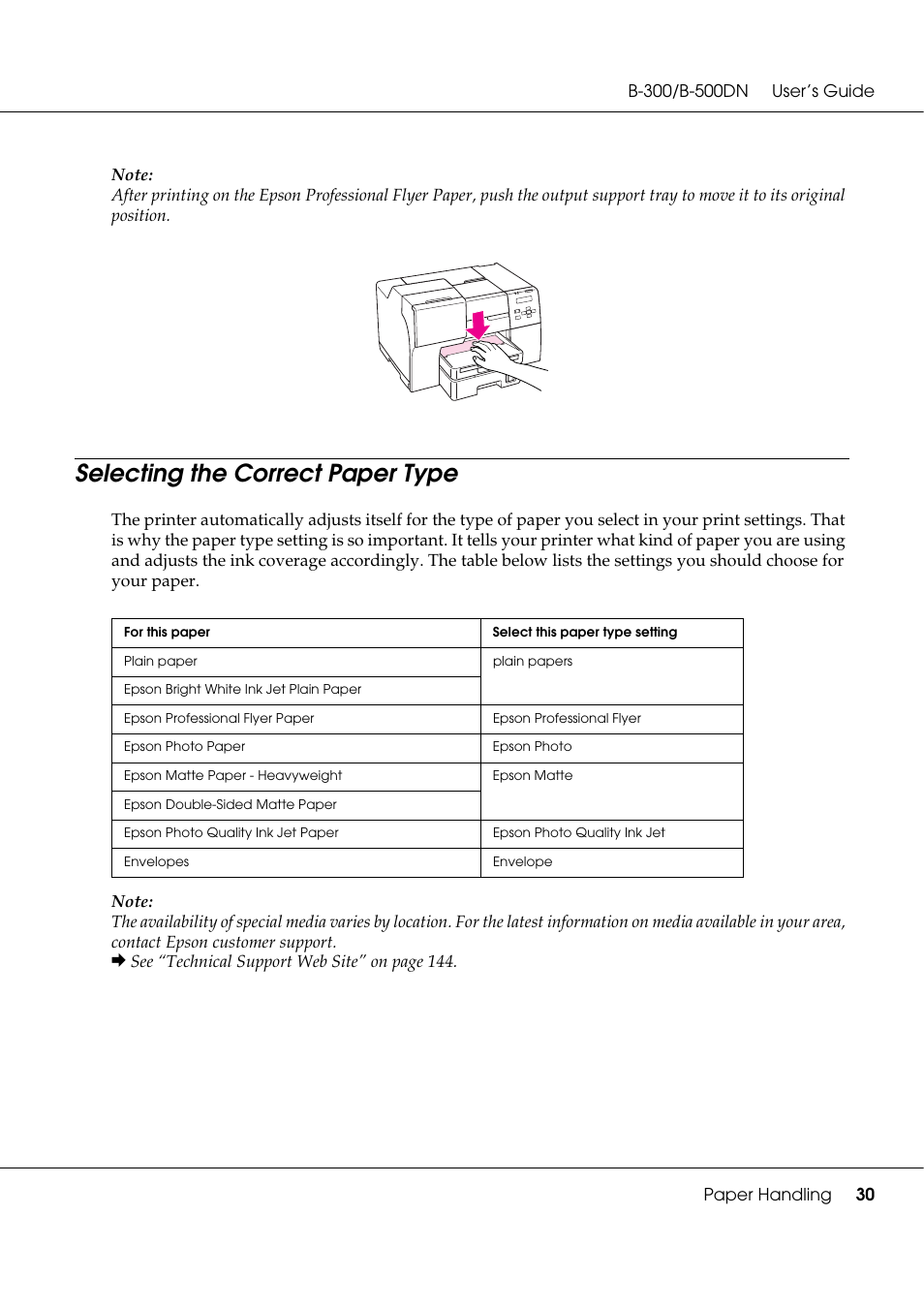 Selecting the correct paper type | Epson B 500DN User Manual | Page 30 / 168