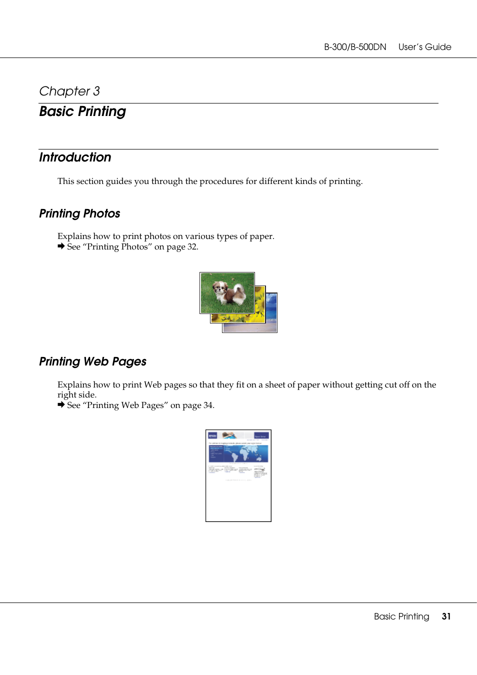 Basic printing, Introduction, Printing photos | Chapter 3, Printing web pages | Epson B 500DN User Manual | Page 31 / 168