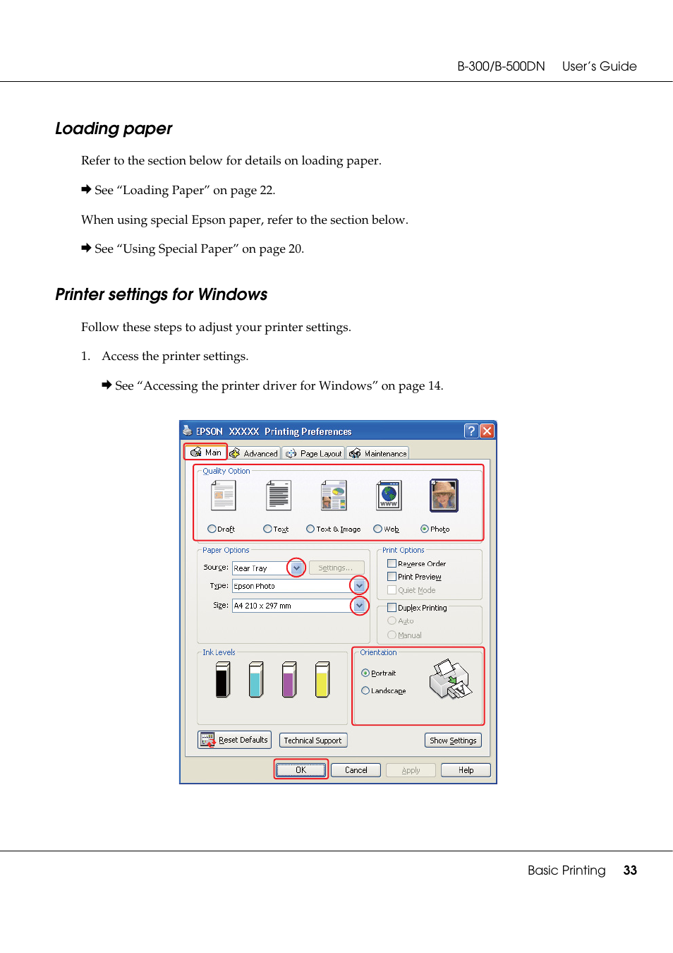 Loading paper, Printer settings for windows, Loading paper printer settings for windows | Epson B 500DN User Manual | Page 33 / 168
