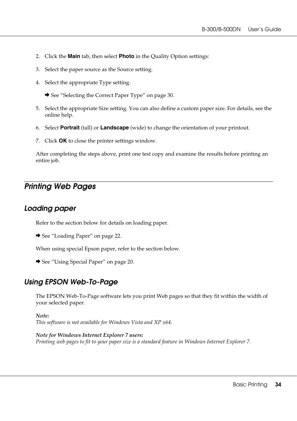 Loading paper, Printing web pages, Using epson web-to-page | Epson B 500DN User Manual | Page 34 / 168