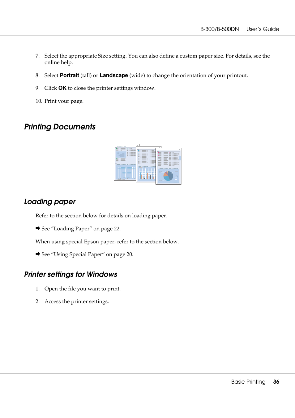 Printing documents, Loading paper, Printer settings for windows | Loading paper printer settings for windows | Epson B 500DN User Manual | Page 36 / 168