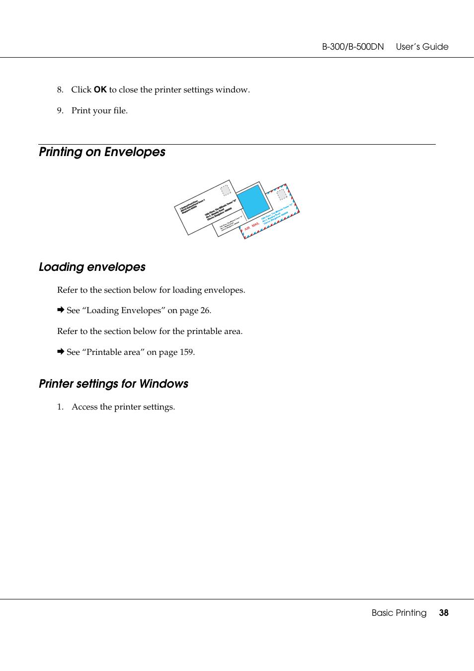 Printing on envelopes, Loading envelopes, Printer settings for windows | Loading envelopes printer settings for windows | Epson B 500DN User Manual | Page 38 / 168