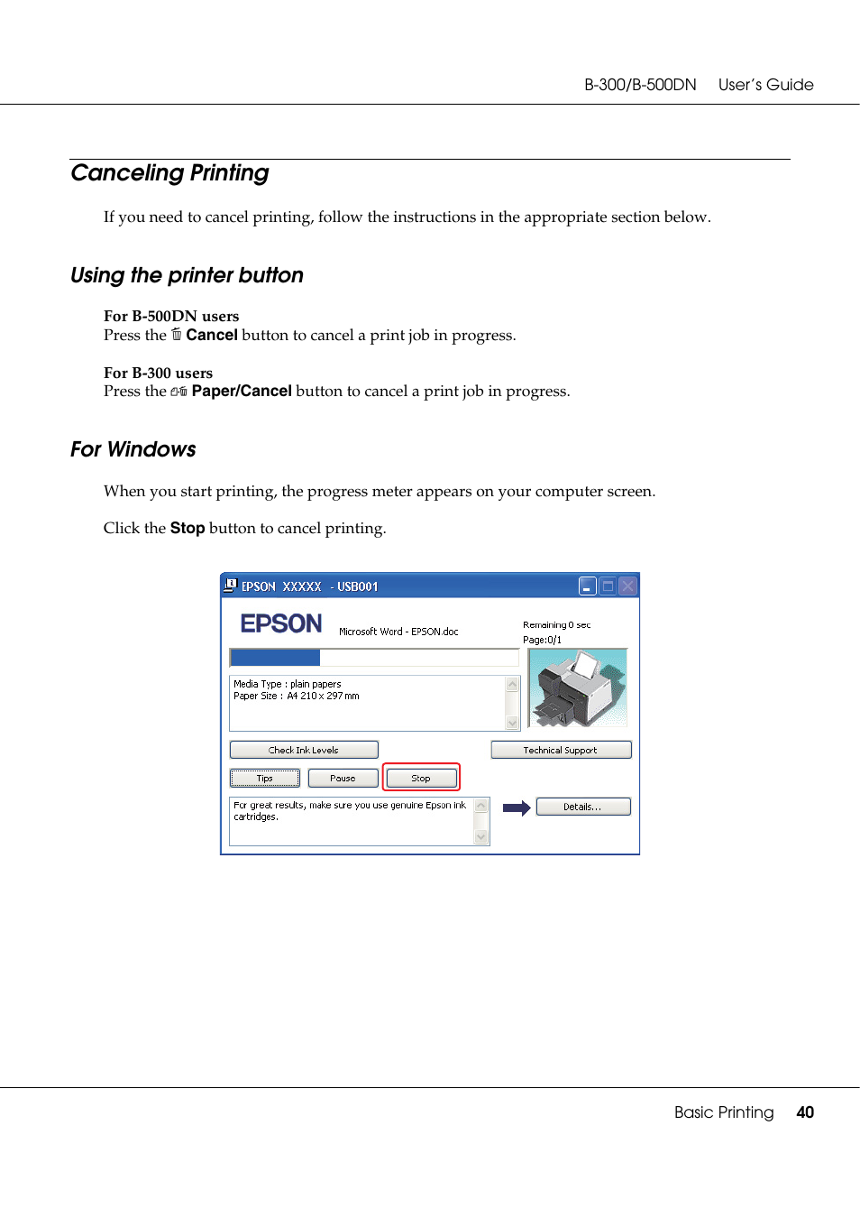 Canceling printing, Using the printer button, For windows | Using the printer button for windows | Epson B 500DN User Manual | Page 40 / 168