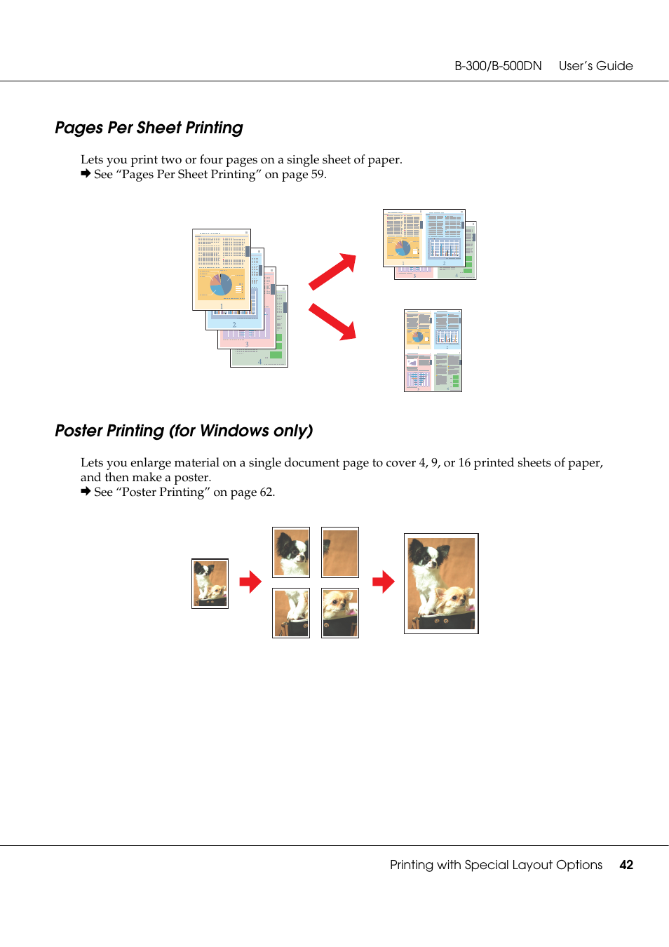 Poster printing (for windows only), Pages per sheet printing | Epson B 500DN User Manual | Page 42 / 168
