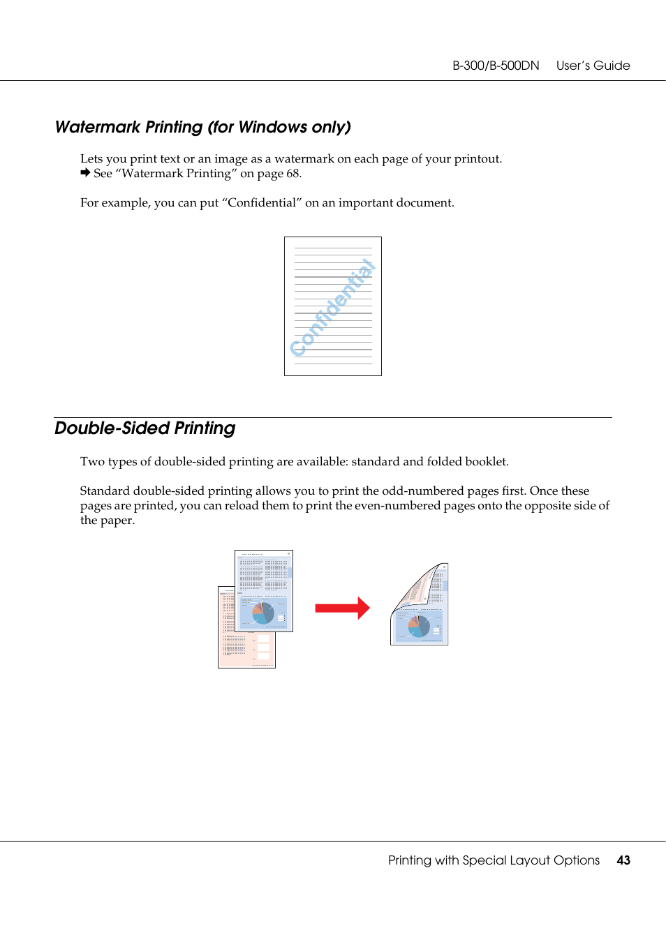 Watermark printing (for windows only), Double-sided printing | Epson B 500DN User Manual | Page 43 / 168