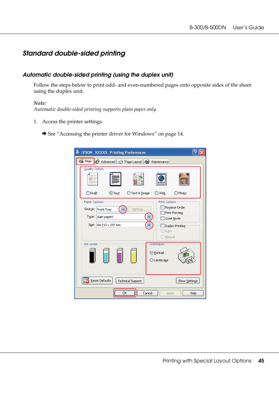 Standard double-sided printing | Epson B 500DN User Manual | Page 45 / 168
