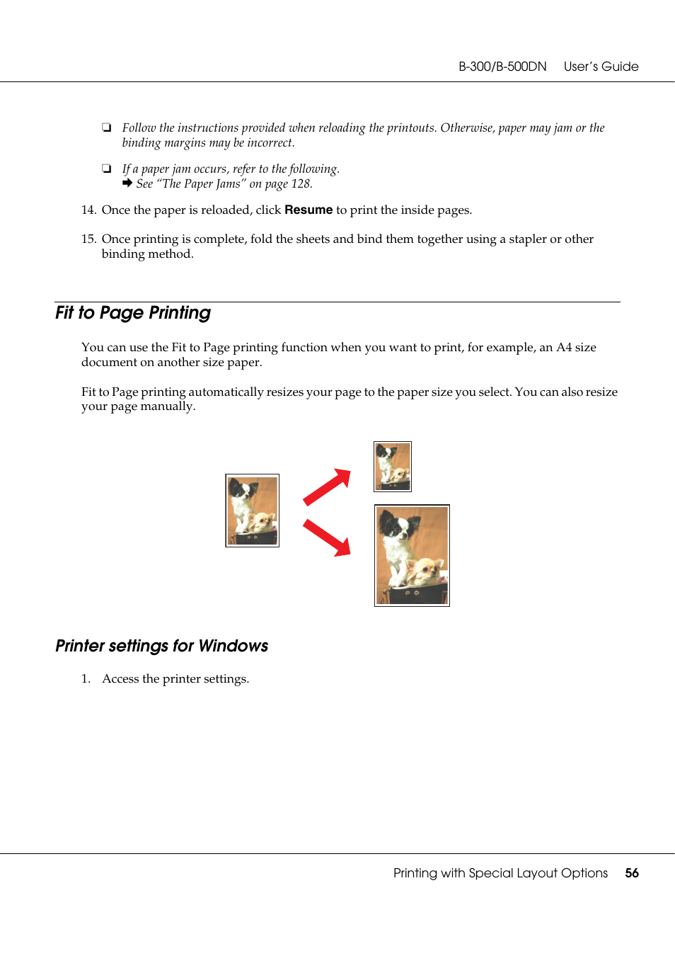 Printer settings for windows, Fit to page printing | Epson B 500DN User Manual | Page 56 / 168