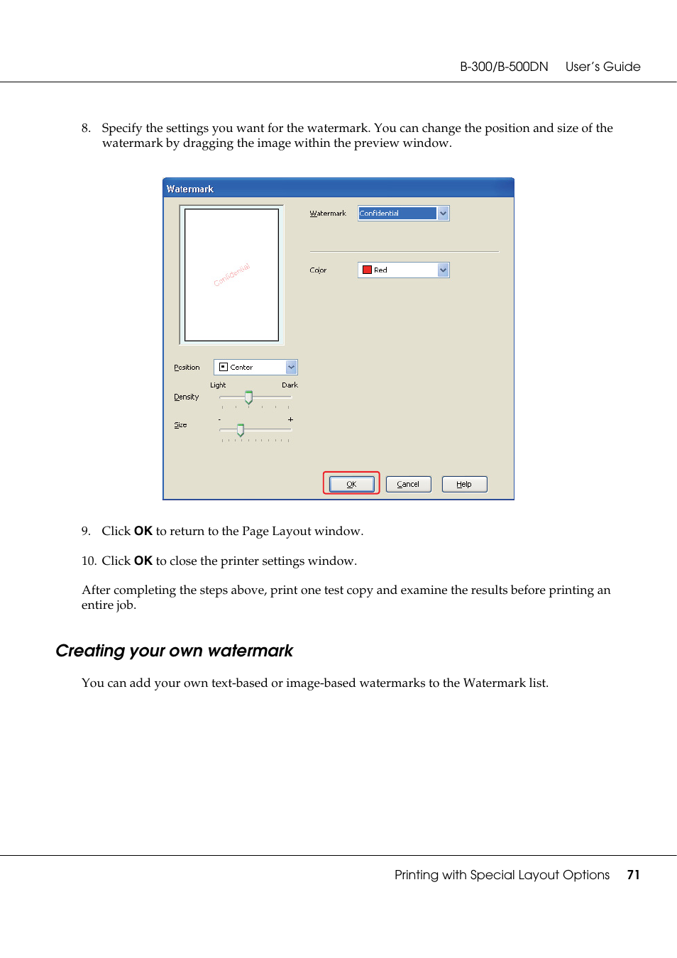 Creating your own watermark | Epson B 500DN User Manual | Page 71 / 168