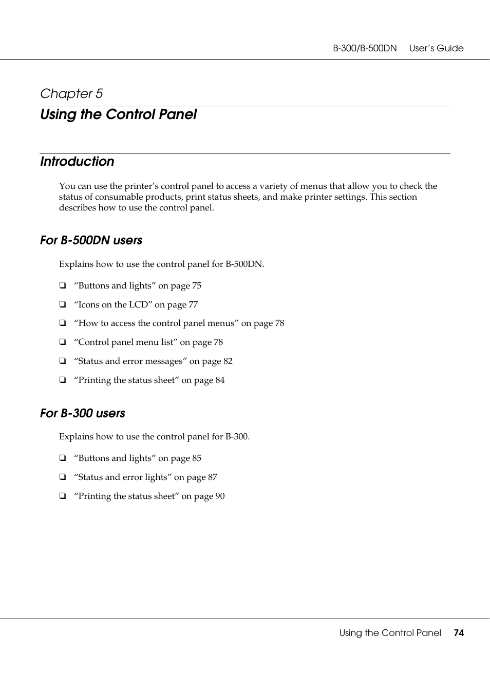 Using the control panel, Introduction, For b-500dn users | For b-300 users, Chapter 5, For b-500dn users for b-300 users | Epson B 500DN User Manual | Page 74 / 168