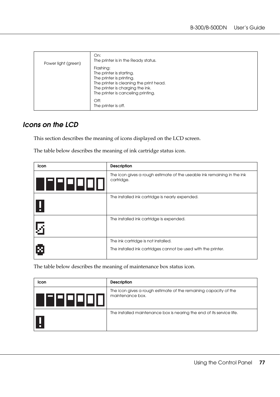 Icons on the lcd | Epson B 500DN User Manual | Page 77 / 168