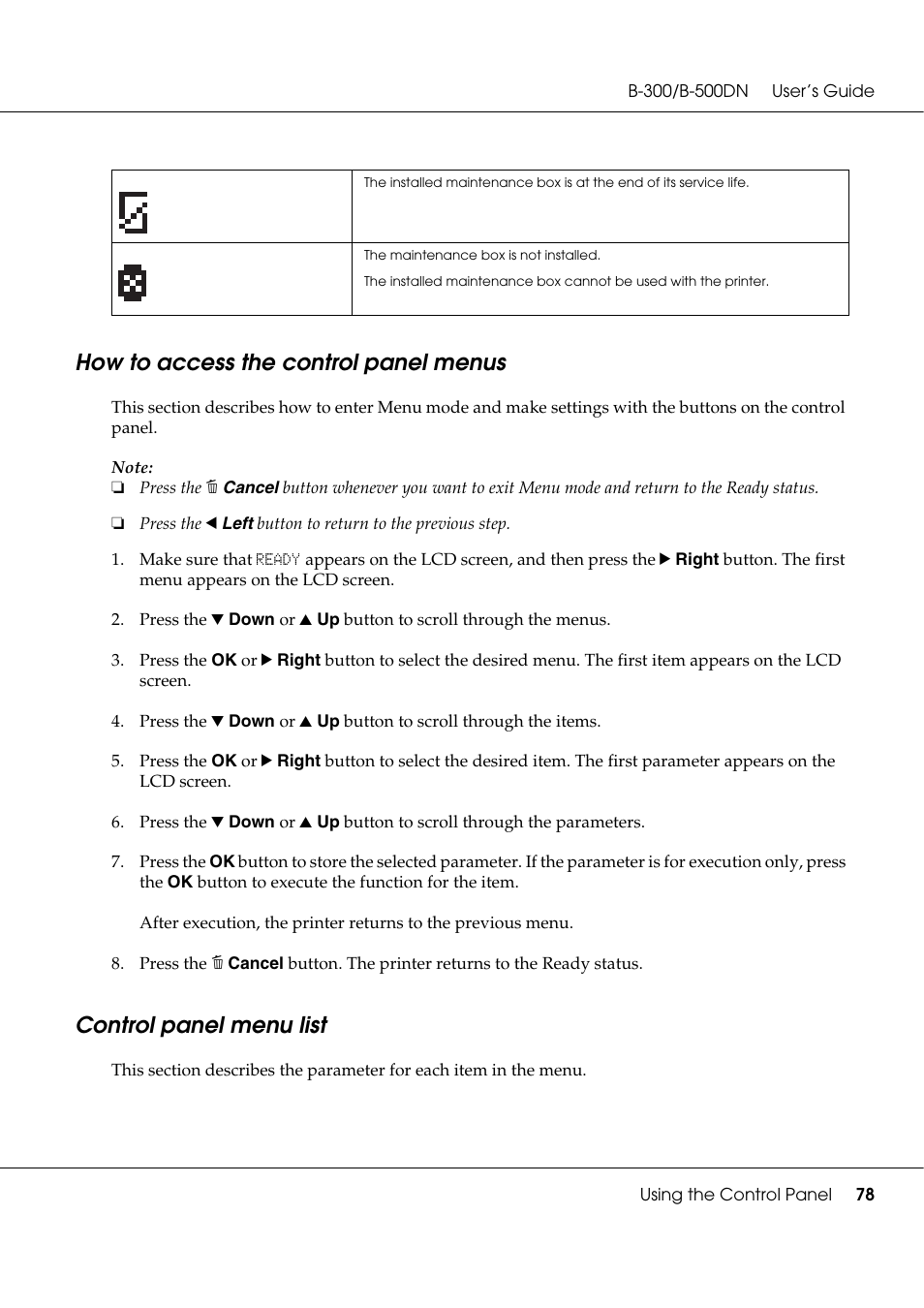 How to access the control panel menus, Control panel menu list | Epson B 500DN User Manual | Page 78 / 168