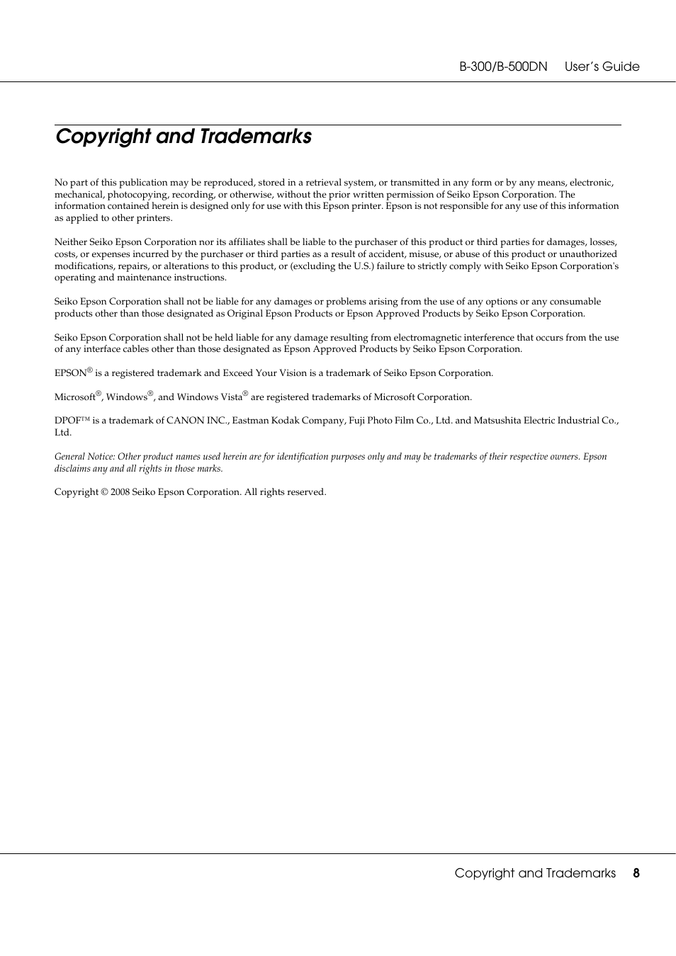 Copyright and trademarks | Epson B 500DN User Manual | Page 8 / 168