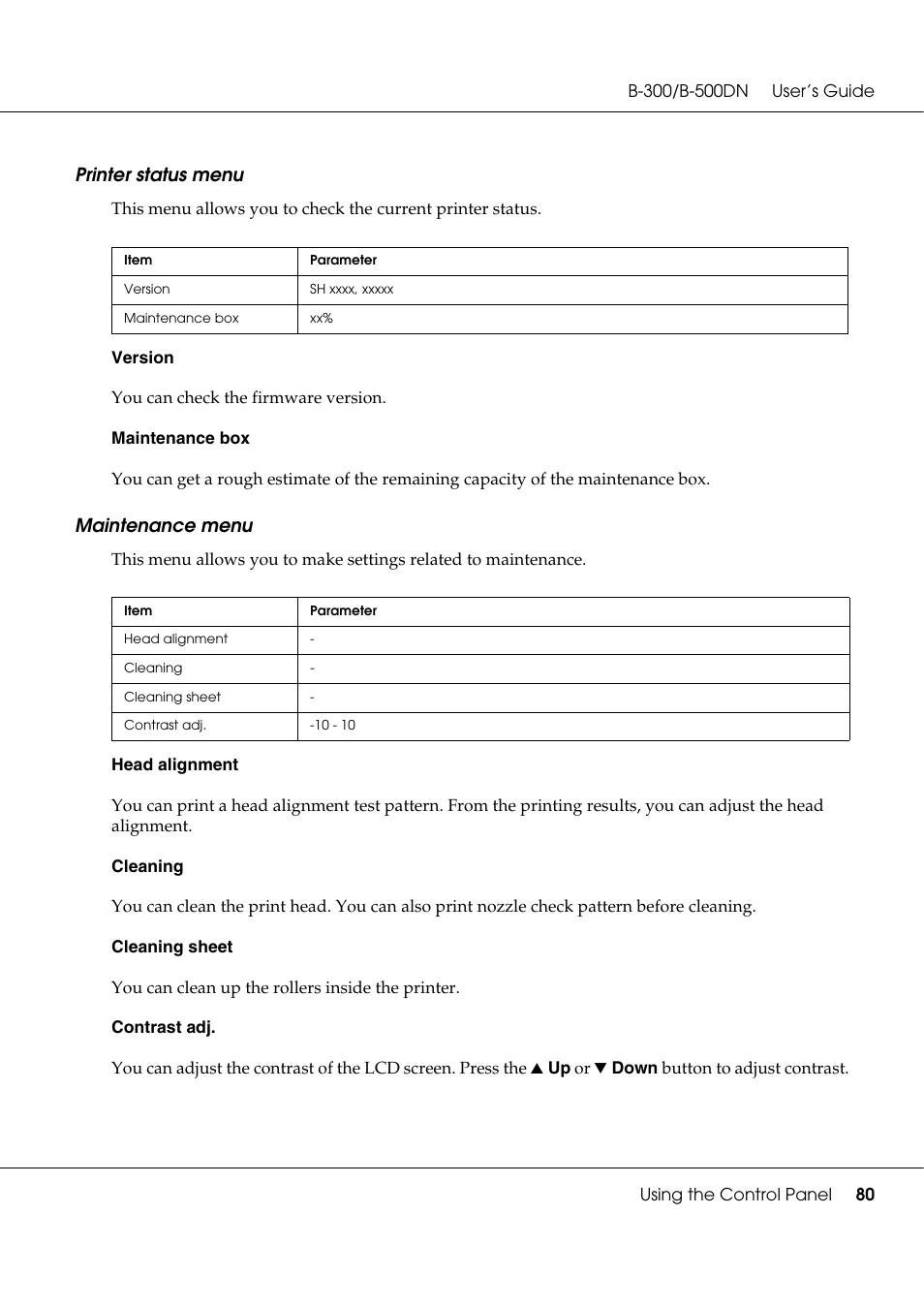 Printer status menu, Maintenance menu | Epson B 500DN User Manual | Page 80 / 168