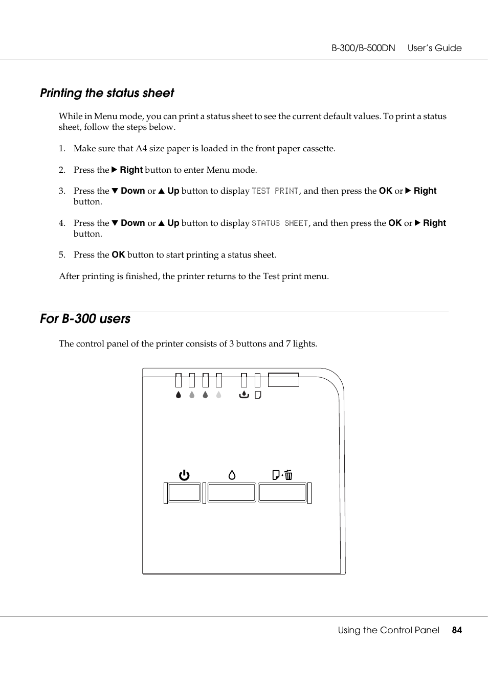 Printing the status sheet, For b-300 users | Epson B 500DN User Manual | Page 84 / 168