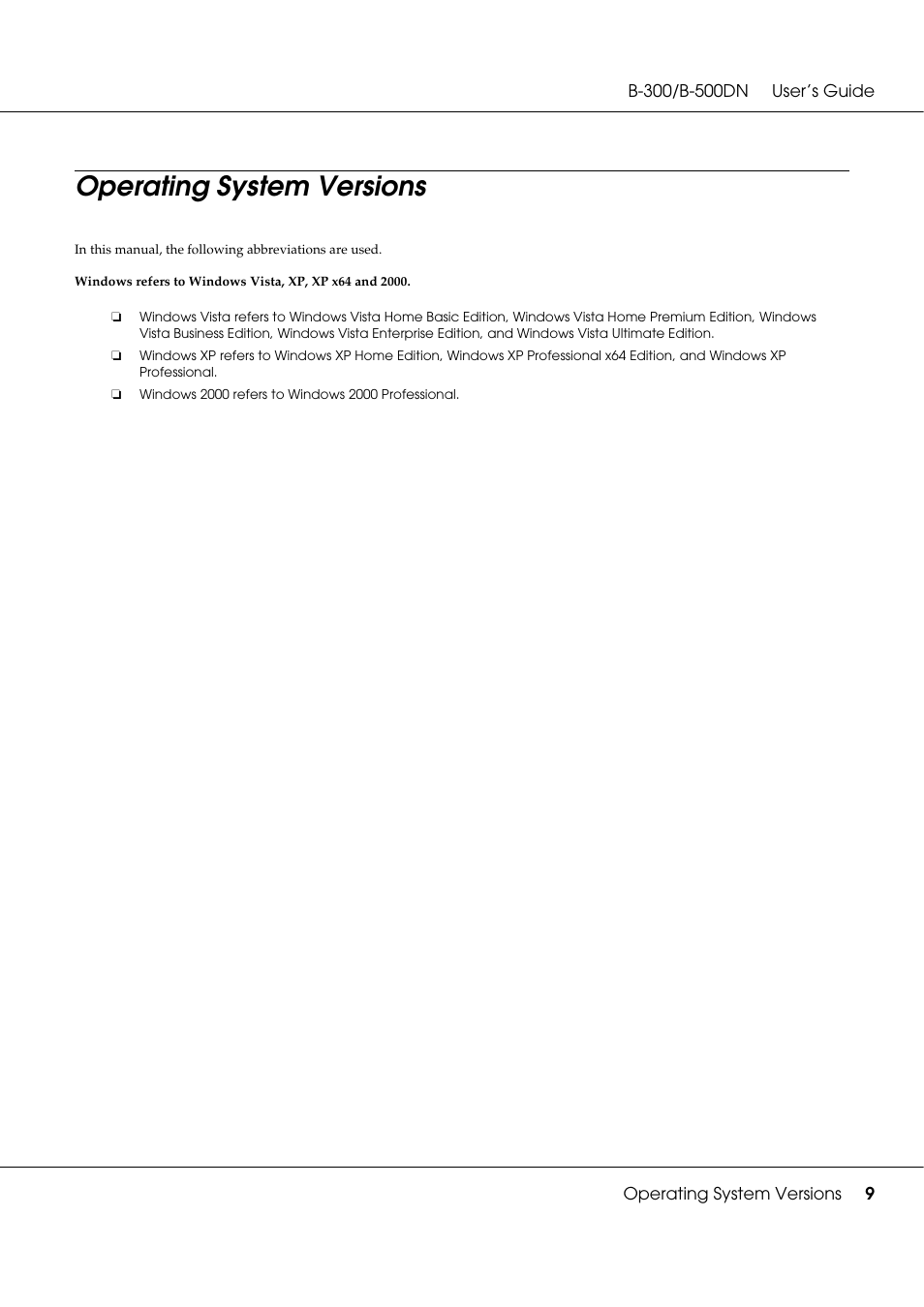 Operating system versions | Epson B 500DN User Manual | Page 9 / 168