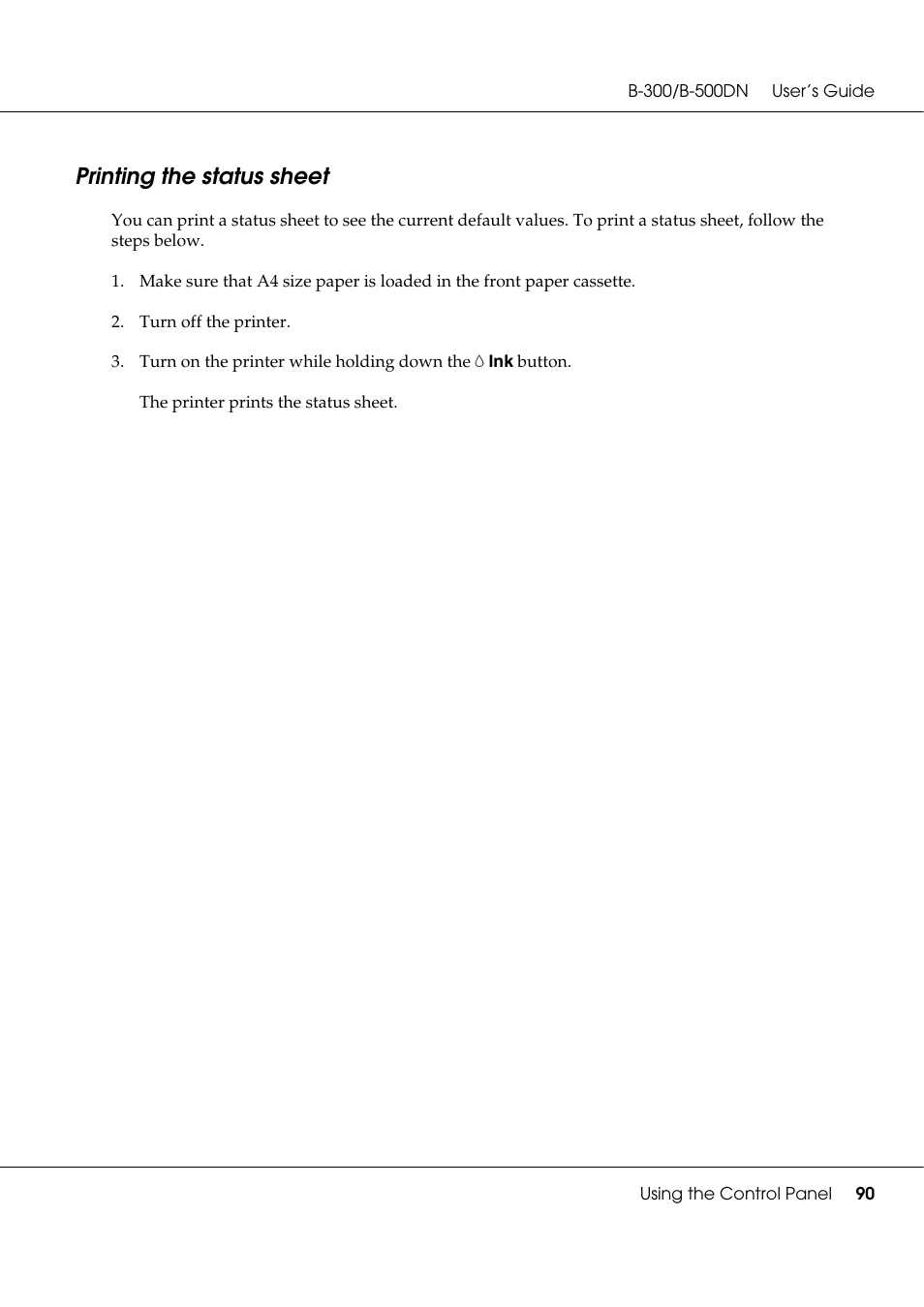 Printing the status sheet | Epson B 500DN User Manual | Page 90 / 168