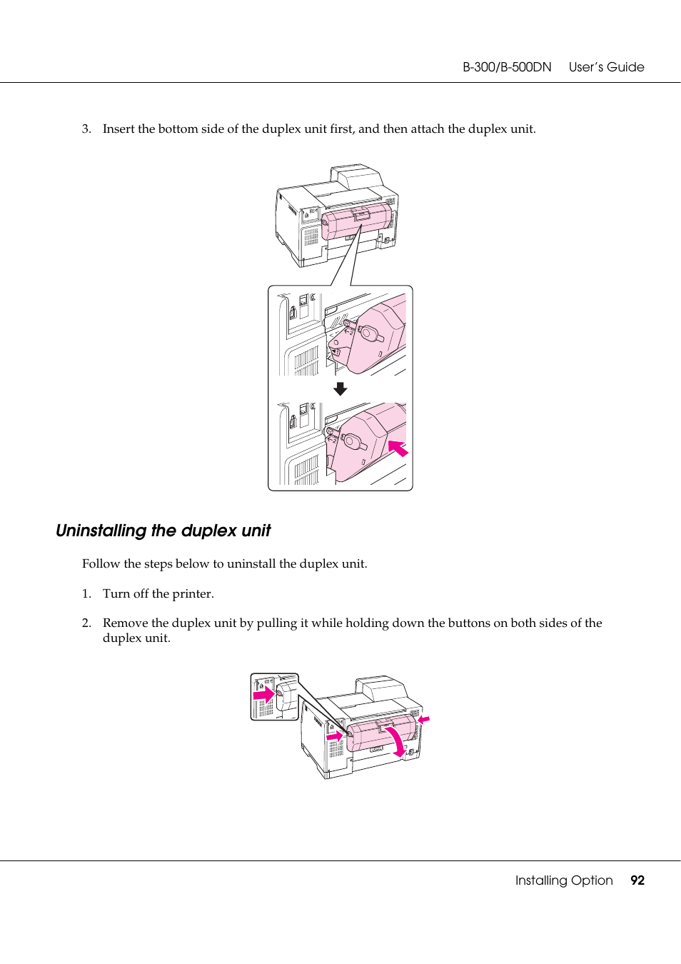 Uninstalling the duplex unit | Epson B 500DN User Manual | Page 92 / 168