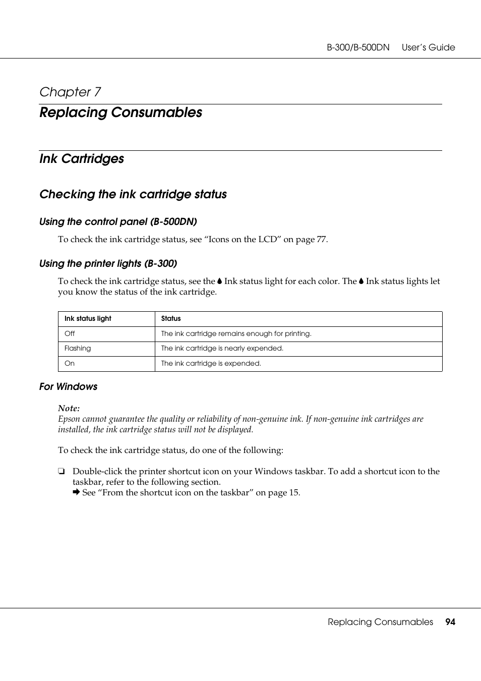 Replacing consumables, Ink cartridges, Checking the ink cartridge status | Chapter 7 | Epson B 500DN User Manual | Page 94 / 168