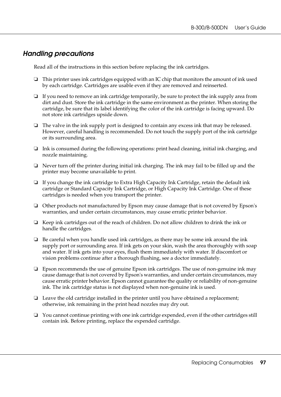 Handling precautions | Epson B 500DN User Manual | Page 97 / 168