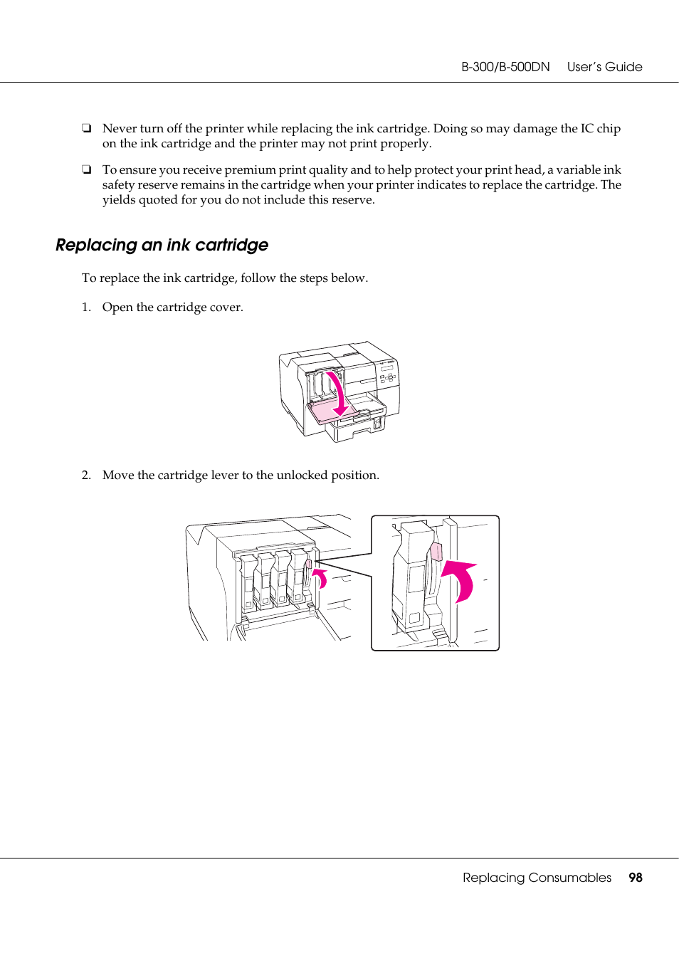 Replacing an ink cartridge, See “replacing an ink cartridge” on | Epson B 500DN User Manual | Page 98 / 168