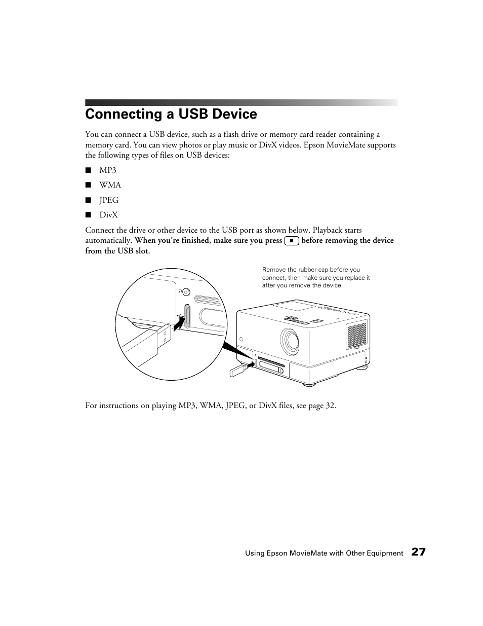 Connecting a usb device | Epson MOVIEMATE 72 User Manual | Page 27 / 70