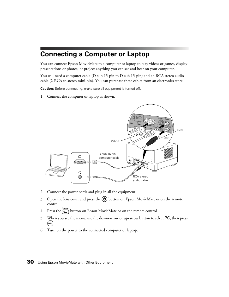 Connecting a computer or laptop | Epson MOVIEMATE 72 User Manual | Page 30 / 70