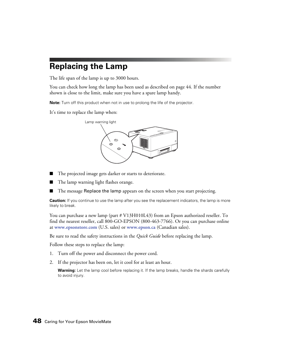 Replacing the lamp | Epson MOVIEMATE 72 User Manual | Page 48 / 70