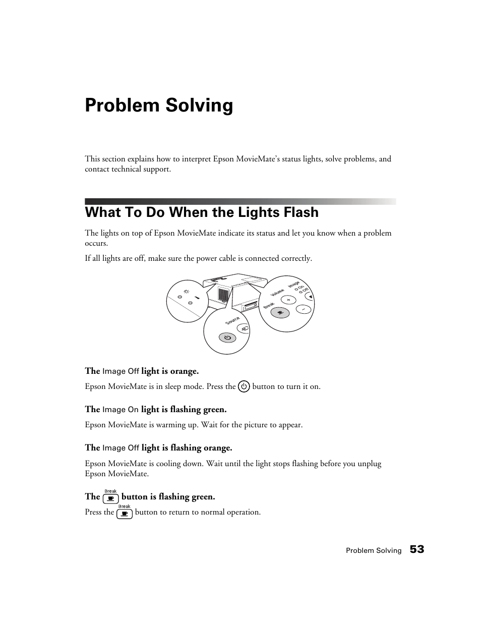 Problem solving, What to do when the lights flash | Epson MOVIEMATE 72 User Manual | Page 53 / 70