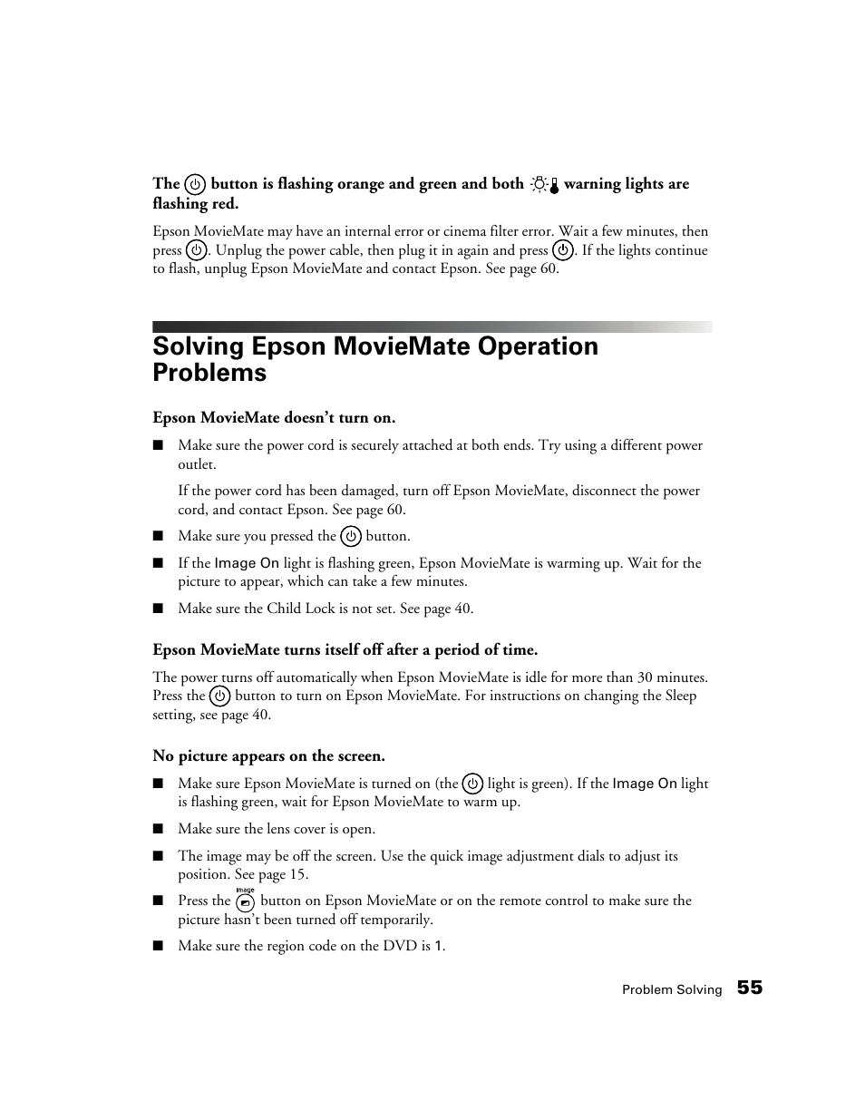 Solving epson moviemate operation problems | Epson MOVIEMATE 72 User Manual | Page 55 / 70