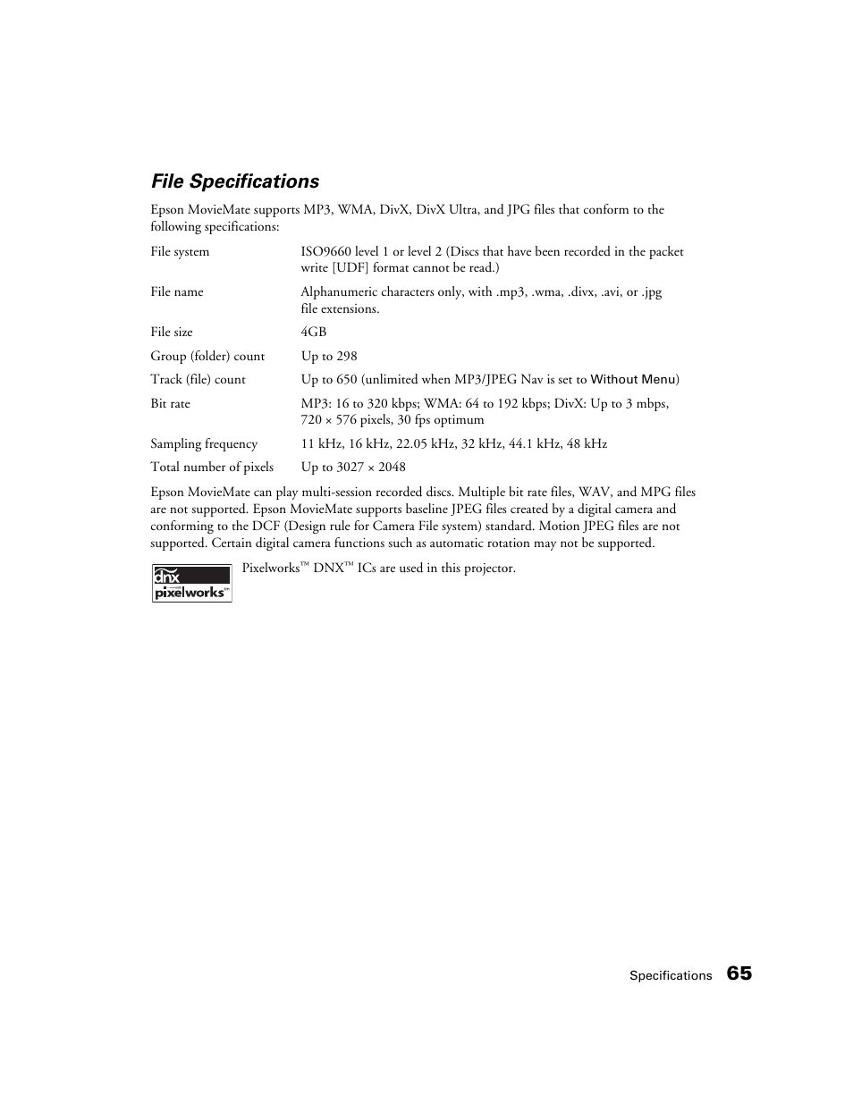 65 file specifications | Epson MOVIEMATE 72 User Manual | Page 65 / 70