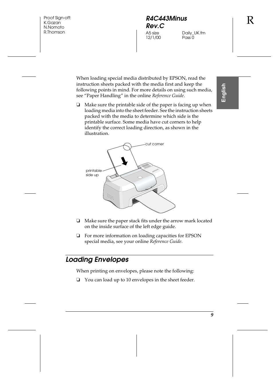 Loading envelopes, R4c443minus rev.c | Epson 480SXU User Manual | Page 10 / 24