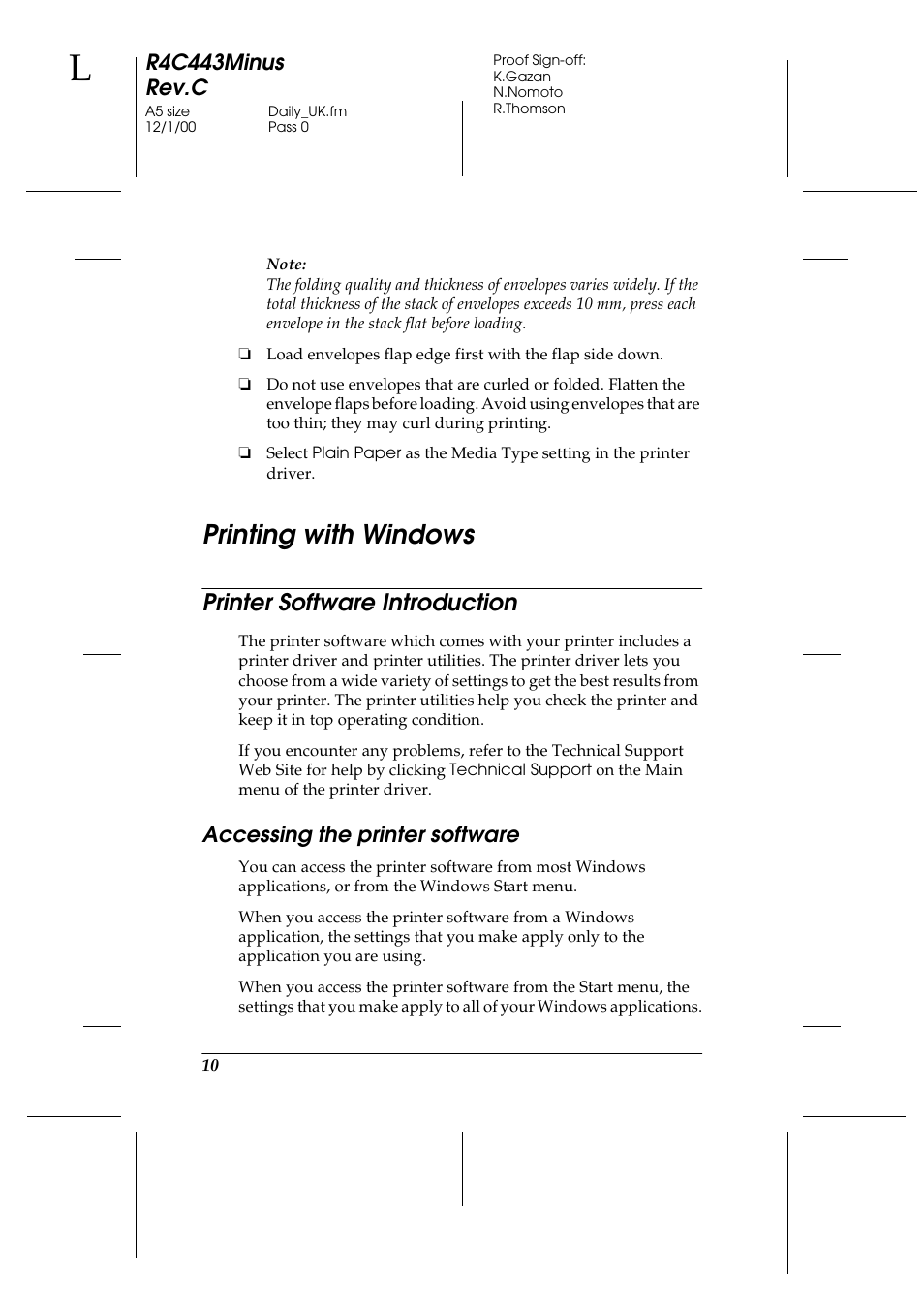 Printing with windows, Printer software introduction, Accessing the printer software | R4c443minus rev.c | Epson 480SXU User Manual | Page 11 / 24