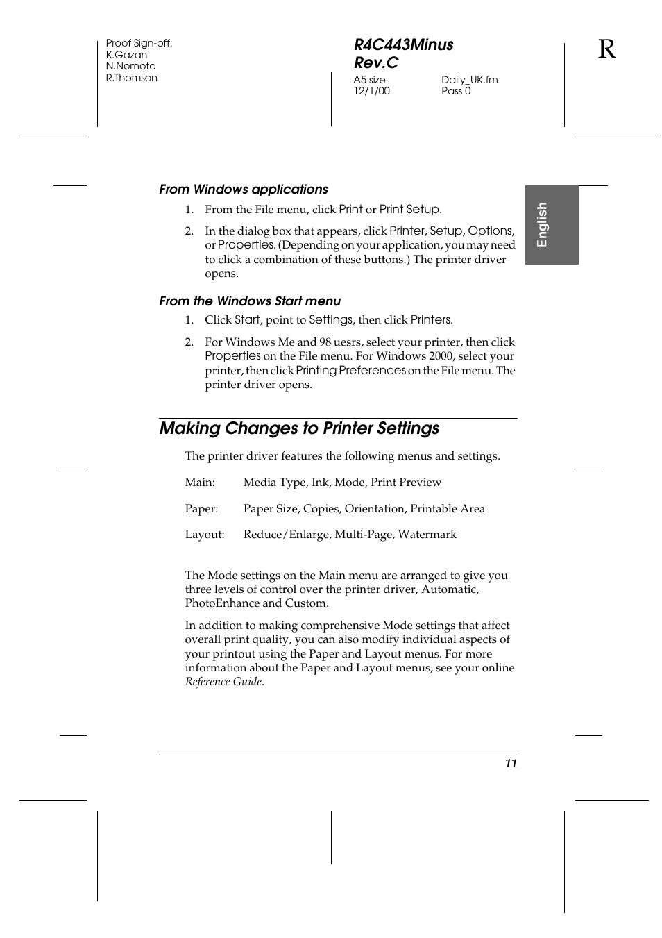 From windows applications, From the windows start menu, Making changes to printer settings | R4c443minus rev.c | Epson 480SXU User Manual | Page 12 / 24