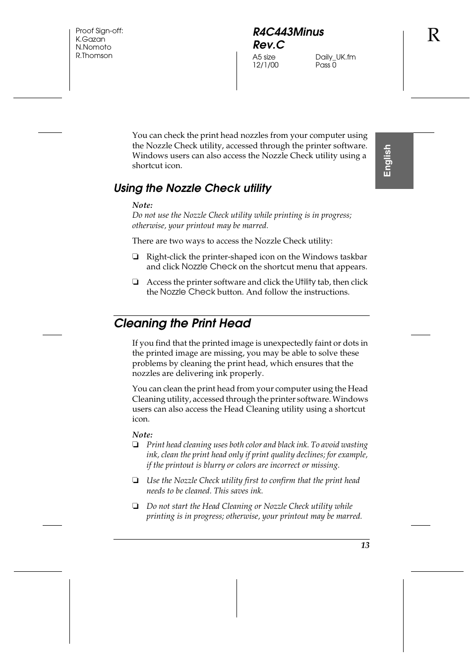 Using the nozzle check utility, Cleaning the print head, R4c443minus rev.c | Epson 480SXU User Manual | Page 14 / 24