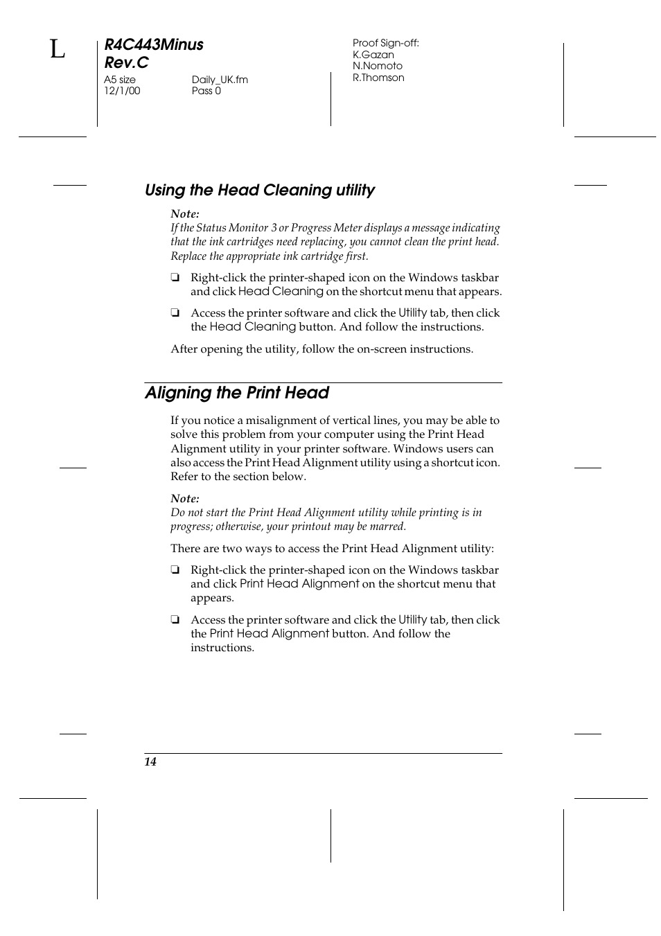 Using the head cleaning utility, Aligning the print head, R4c443minus rev.c | Epson 480SXU User Manual | Page 15 / 24